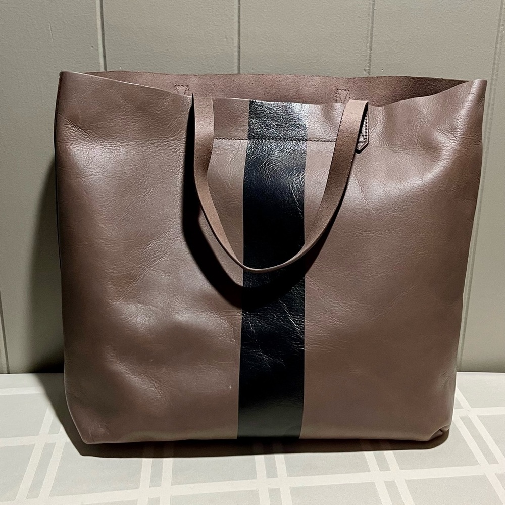 Madewell The Paintstripe Transport Tote Gray with Black NWOT